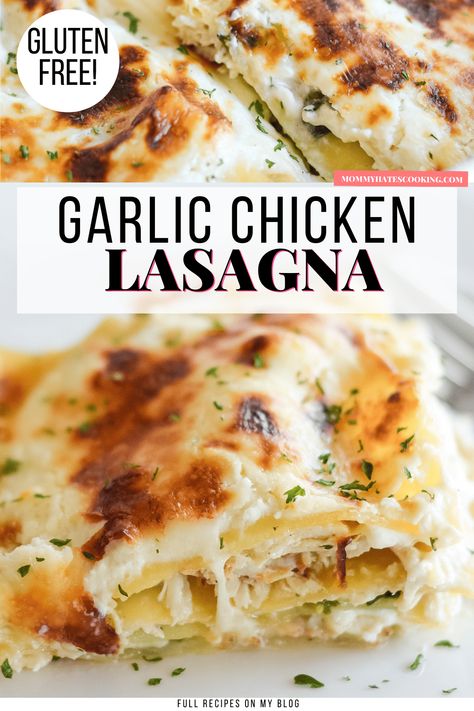 Gluten Free Garlic Chicken Lasagna is the perfect choice for an easy dinner using oven-ready pasta and it serves up to 8! Quick Easy Dinner Gluten Free, Gluten And Dairy Free Recipes For Dinner Casserole, Gluten Free White Lasagna, Lactose Free Lasagna, Gf Dinner Recipes Chicken, Pasta Free Lasagna, Weeknight Gluten Free Dinner, Gf Dinner Ideas Gluten Free, Dairy Free Chicken Lasagna