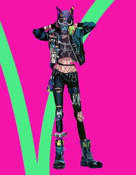 Punk Superhero Design, Future Punk Aesthetic, Pop Punk Character Design, Neon Cyberpunk Character Design, Graffiti Artist Outfit, Punk Outfit Design, Colorful Punk Fashion, Punk Girl Character Design, Punk Rock Character Design