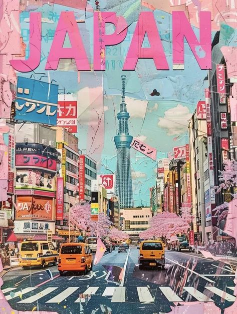 Japan Moodboard, Japan 80's Aesthetic, City Collage, Tokyo Photography, Japan Graphic Design, Pastel Color Background, Tokyo Streets, Dreamy Artwork, Paper City