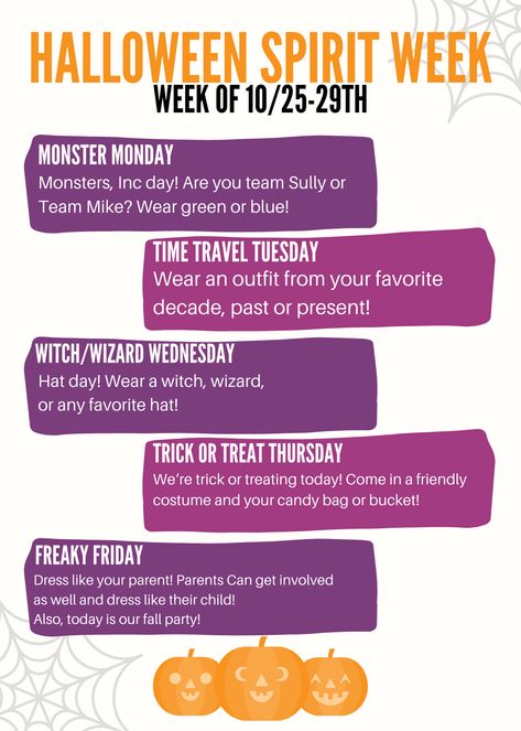 Halloween Theme Spirit Week, Preschool Halloween Spirit Week, Fall Break Spirit Week, Spirt Week Ideas For Work, Halloween Spirit Days For School, October Dress Up Days, Halloween Dress Up Days For School, Spirit Week October, Spirit Week Ideas For Elementary School