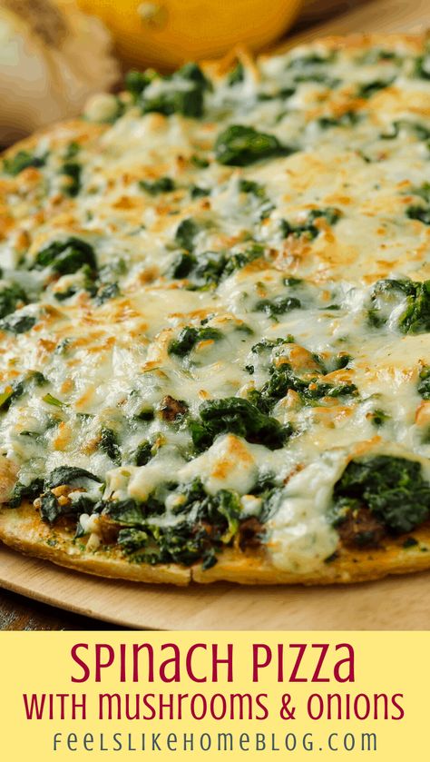 how to make the best white pizza with spinach, onions, and mushrooms - This recipe uses a homemade dough and ranch dressing to make a thick and crispy crust. Easy to make with lots of garlic and fresh veggies. Healthy vegetarian recipe. #comfortfood #whitepizza #healthyrecipes #homemade #homemadepizza #betterthantakeout #pizzarecipes Frugal Recipes Healthy, Unique Pizza Toppings, Chicken Spinach Mushroom, Pizza With Spinach, Mushroom Pizza Recipes, Chicken Bacon Ranch Pizza, White Pizza Recipes, Onion Pizza, Spinach Pizza