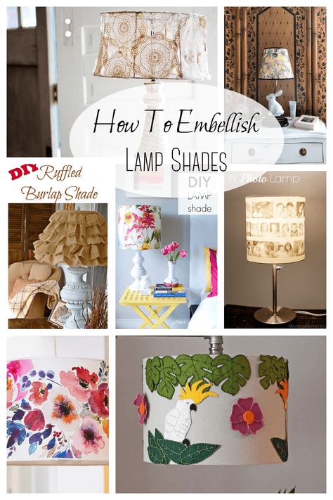 Have you ever wondered how to embellish lamp shades for your home? I’ve embellished lamp shades over the years, but for some reason I cannot find the photos of them to show you. Oh well, another time. Vintage linens were used to cover a lamp shade I had a long... Embroider Lamp Shade Diy, Cottage Core Lamp Shade, Update Lamp Shade Diy, Mod Podge Lamp Shade, How To Embroider A Lampshade, How To Decorate A Lamp Shade Ideas, Fun Lamp Shade, Dye Lampshade Diy, Diy Round Lamp Shade