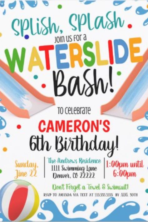 Waterslide Bash Birthday Invitation - Boy. Make a splash at the ultimate Waterslide Bash! Join us for a thrilling day of water fun, laughter, and unforgettable memories. Dive in and let the celebration begin! 🌊�🎉 #WaterslideBash #BirthdayFun Water Slide Party Invitations, Waterslide Party Invitations, Water Slide Birthday Party Invitations, Water Slide Party Ideas, Water Slide Birthday Party Ideas, Water Theme Birthday, Water Party Invitations, Water Slide Party, Water Park Party