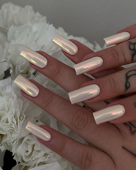 White Chrome Nails, Fashionable Nails, Pink Chrome Nails, Les Nails, Inspiration Nails, Long Square Nails, Gel Nails Diy, Simple Acrylic Nails, Nails Fashion