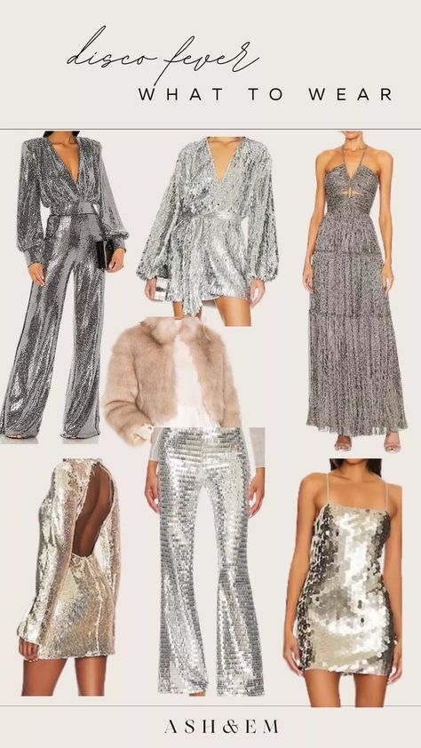 Studio 54 - what to wear. Disco party silver dress silver jumpsuit #LTKstyletip Disco Theme Party Outfit, Studio 54 Party Outfits, Disco Inspired Outfits, Disco Party Outfit Ideas, 70s Disco Party Outfit, 70s Party Outfit, Studio 54 Fashion, Studio 54 Outfits, Disco Party Outfit