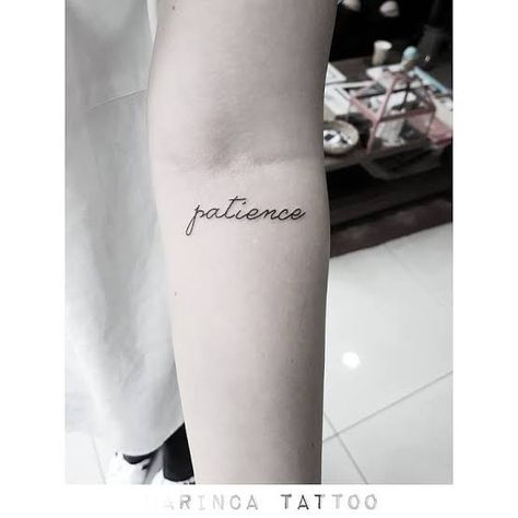 Patience Tattoo Fonts, Patience Tattoos, Virtue Tattoo, Patience Tattoo, Inspiring Quote Tattoos, Patience Is A Virtue, Hippie Tattoo, Cursive Tattoos, Writing Tattoos