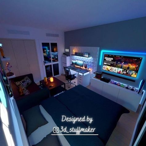 Room Ideas For Men Bedroom Gaming, Room Ideas With Pc Setup, Pc Bedroom Ideas, Bedroom Setup Men, Modern Mens Room Bedroom Ideas, Living Room Designs Gamer, Mens Gaming Bedroom, Male Gamer Room, Couples Cave Ideas