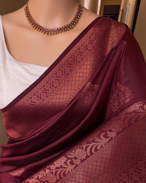 Www.Thejacouture.in > silk sarees > maroon art silk saree. . Maroon Art silk saree with copper zari design all over saree. Comes with maroon blouse piece. Saree height: 47 inches. Saree length: 5.5 meters. Blouse: 80cm . #maroon #maroonsaree #sareelove #india #sareeinspiration #indianwear #traditional #sareeday #indianwedding #sareestyle #instagood #sareecollection #sareelovers #sareedraping #sareeblousedesigns #sareenotsorry #beautiful #sareeseduction #ethnicwear #sareelover #indianfashio... Jewellery For Copper Zari Saree, Jewellery Ideas For Saree, Maroon Saree Wedding, Maroon Wedding Saree, Maroon Silk Saree, Saree Colours, Couture Photography, Maroon Saree, Indian Wedding Gowns