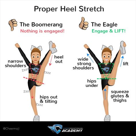 Cheerleaders: a boomerang is not a cheer shape! Work on the progression of your heel stretch with correct muscle engagement and technique to stay more stable in the air! #CheerTipTuesday #BodyBeforeSkill   #CheerTips #CheerTipTuesday #Cheerleading #Cheer #CheerStunts #CheerTeam #Cheerleaders Stretches For Heel Stretch, How To Do Heel Stretch, How To Get Heel Stretch, Cheer Workouts At The Gym, How To Get Your Heel Stretch, How To Memorize Cheers, How To Do Cheer Stunts, Heel Stretch Cheerleading, Cheer Kicks