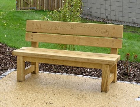 Hand Carved Lettering | We feel that a few carefully chosen words or a verse helps to celebrate in words the life of the person you wish to commemorate. Wooden Bench With Backrest, Wooden Sitting Bench, Bench With Backrest Diy, Diy Bench Plans, Wood Benches Outdoor, Diy Bench With Back, Wooden Benches Outdoor, Outdoor Bench With Back, Outdoor Bench Design