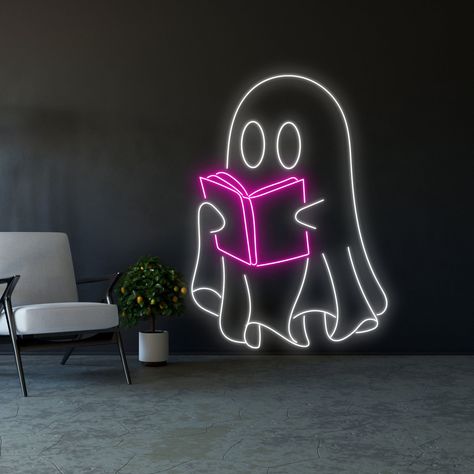 #NeonSigns #BrightIdeas #NeonSignNames #NeonInspiration #NeonRoom #RoomDecor Ghost Neon Sign, Neon Ghost Painting, Kawaii Neon Sign, Neon Ghost, Gifts Book Lovers, Neon Decorations, Neon Signage, Light Home Decor, Ghost Reading