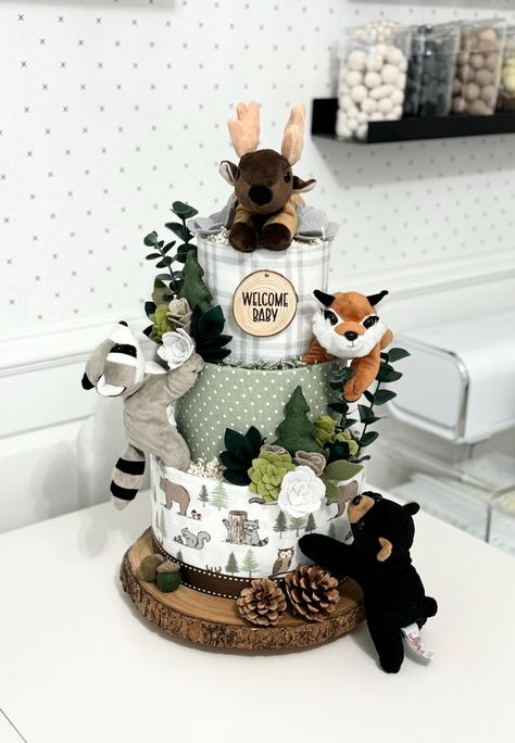 Large Sage Green and Gray Woodland Diaper Cake Baby Shower Birthday Baby Sprinkle Gift / Centerpiece - Etsy Woodland Theme Diaper Cake, Hiking Baby Shower Theme, Woodlands Baby Shower Theme, Woodland Baby Shower Theme Centerpieces, Woodsy Baby Shower Ideas, Enchanted Forest Baby Shower Theme, Jungle Theme Diaper Cake, Woodland Creature Baby Shower, Woodland Diaper Cake