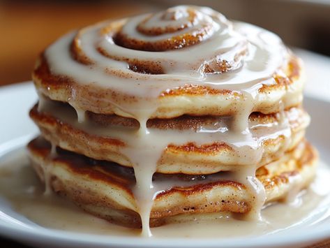 Vegan Cinnamon Roll Pancakes, Flavored Pancakes Recipe, Churro Pancakes Recipes, Blackstone Cinnamon Roll Pancakes, Cinamoroll Pancakes, Cinnamoroll Pancake, Cinnamon Breakfast Recipes, Cinnabon Pancakes, Cinnamon Roll Pancakes Easy