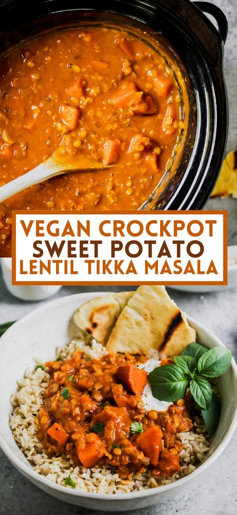 Slow cooker sweet potato and red lentil tikka masala delivers big flavor with little work. Enjoy this vegan, one-dish wonder over rice with warm pita to fend off winter chill on any hectic weeknight. #crockpotrecipes #slowcookerrecipes #tikkamasala #vegantikkamasala #crockpotlentilrecipes via @https://www.pinterest.com/jamievespa/ Lentil Tikka Masala, Potato Crockpot, Dinners Vegetarian, Vegan Tikka Masala, Vegan Slow Cooker Recipes, Vegan Crockpot, Slow Cooker Sweet Potatoes, Slow Cooker Lentils, Vegan Slow Cooker