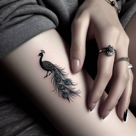 Black Peacock Tattoo, Peacock Thigh Tattoo For Women, Peacock Fine Line Tattoo, Pavo Real Tattoo, Peacock Tattoo Black And White, Peacock Tattoo Ideas, Small Peacock Tattoo, Olivia Tattoo, Peacock Tattoo Designs