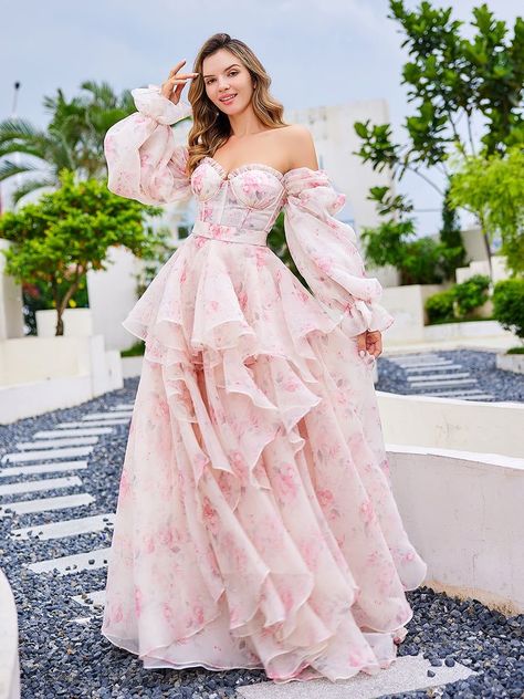 Cottagecore Flowy Dress, Women Dress Poses, Floral Gown Designs, Flowers Dress Outfit, Floral Dress Prom, Whimsy Dress, Flower Outfits, Blood Witch, Cute Prom Dress