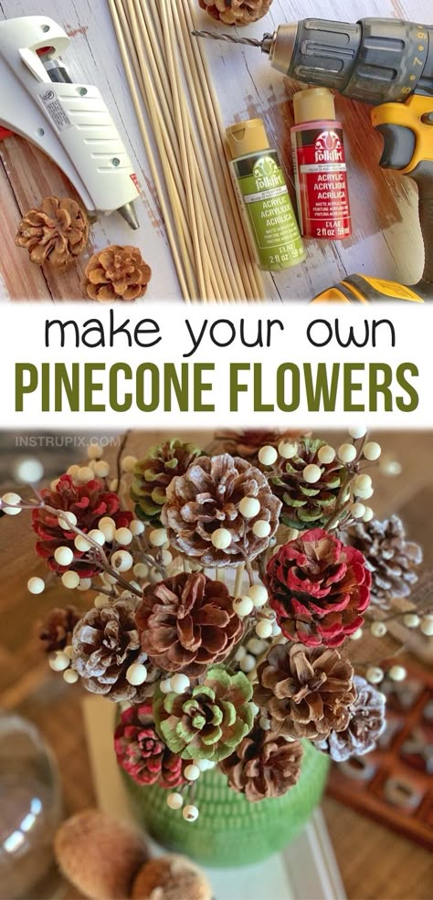 Craft Idea For Adults: Easy DIY Pinecone Flowers With Stems Christmas Balls Diy, Pine Cone Flowers, Pinecone Flowers, Flowers With Stems, Simple Holiday Decor, Painted Pinecones, Pine Cone Art, Pinecone Crafts, Diy Pinecone