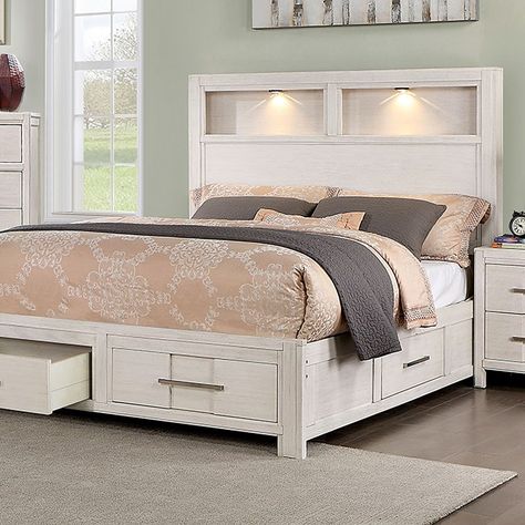 Furniture of America CM7500WH KARLA Bed Designs With Storage, White Queen Bed, Bookcase Bedroom, Luxury Beds, Too Much Stuff, Side Drawers, Bookcase Bed, King Platform Bed, Bookcase Headboard