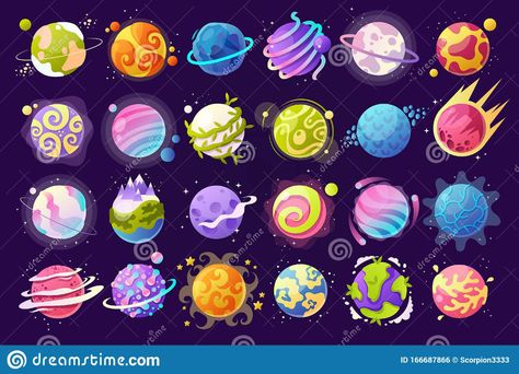 Vector Set Of Cartoon Planets. Colorful Set Of Isolated Objects. Space Background. Fantasy Planets. Colorful Universe. Game Design Stock Vector - Illustration of crater, game: 166687866 Fantasy Planets, Cartoon Planets, Background Fantasy, Planet Project, Sistem Solar, Planet Design, Space Background, Space Games, Space Illustration