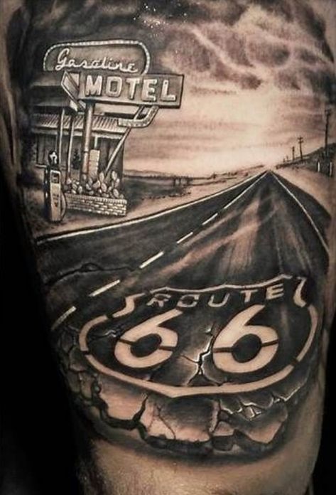 Route 66 Tattoo, New Mexico Tattoo, Tattoo Motorcycle, Motocykle Harley Davidson, Tatuaje Trash Polka, Hot Rod Tattoo, Mexico Tattoo, Harley Tattoos, Truck Tattoo