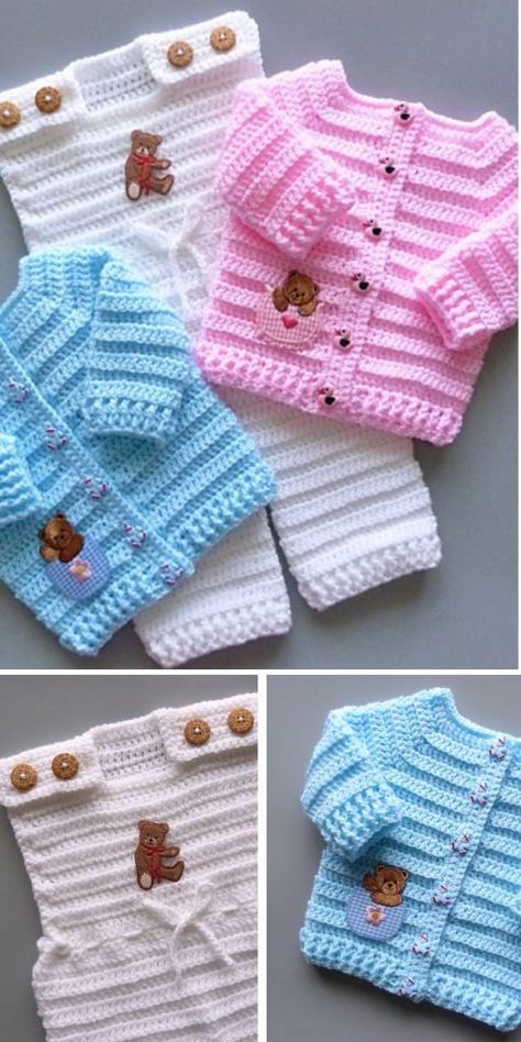 Crochet Baby Shrug, Crochet Baby Sweater Sets, Baby Cardigan Pattern Crochet, Diy Crochet Sweater, Sweater Sets, Crochet Baby Jacket, Sweet Easy, Baby Dungarees, Baby Cardigan Pattern