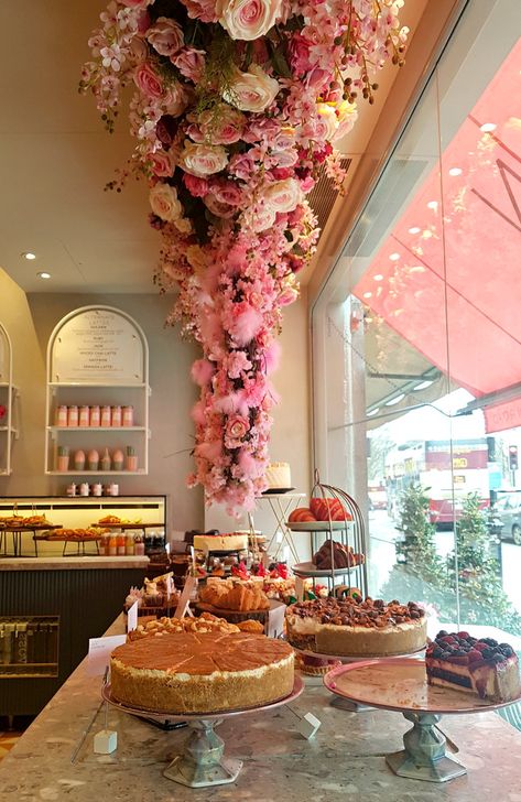 Elan Cafe, London (01b) | Olga Donica ... Elan Cafe, Boutique Patisserie, Cafe London, Bakery Shop Design, Flower Cafe, Menue Design, Pink Cafe, Aesthetic Interior Design, Decoration Patisserie