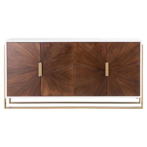 The Crafton Credenza is a four-door storage cabinet with a white painted wood top and sides and adjustable shelves within. The quarter-cut straight grain veneer on the doors create sunburst patterns that meet at the two central points where two brass tone metal handles meet. The metal base frame extends up and around the sides of the piece for added visual interest. Modern Entertainment Center, Antler Wall, Buffets And Sideboards, Wood Sideboard, Elk Lighting, Mahogany Wood, Gold Wood, Burled Wood, Adjustable Shelves