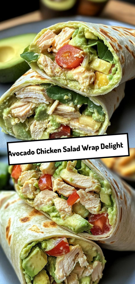 Savor a fresh and creamy chicken salad wrap filled with avocado, Greek yogurt, and crisp veggies—perfect for a quick and healthy lunch!

Ingredients:

2 cups cooked chicken breast, shredded
1 ripe avocado, diced
¼ cup Greek yogurt
4 large whole wheat tortillas
This light and satisfying wrap combines tender chicken with creamy avocado, tangy yogurt, and crunchy veggies for a nutritious and delicious meal!