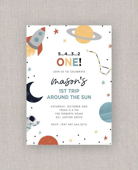 Editable First Trip Around the Sun Space Birthday Invitation Template: Instant Download #RoyalCelebration #BirthdayGoals First Birthday Theme Boy, Space Themed Birthday Party, Space Themed Birthday, Baby First Birthday Themes, Two The Moon, Sun Space, Space Birthday Invitation, Boys First Birthday Party Ideas, Boys 1st Birthday Party Ideas