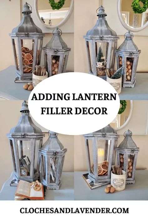 How To Add Filler Decor To Lanterns Seasonally | Hometalk Summer Lantern Decor Ideas, Decorate Lanterns Ideas, Decorating Lanterns Ideas, Large Lantern Decor Ideas, Spring Lantern Decor Ideas, How To Decorate A Lantern, Lantern Filler Ideas, Spring Lantern Decor, Lantern Styling