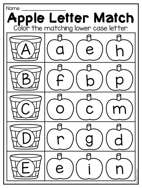 Apple Alphabet Letter Match Worksheet. This Fall Kindergarten Math and Literacy Worksheet Pack features 51 NO PREP worksheets. The pack features so many diverse activities relating to beginning sounds, ending sounds, short vowels, CVC words, alphabet work, syllables, rhyming, number order, counting, addition, subtraction, place value, shapes, pattersn, word problems and so much more!! These worksheets are ideal for literacy centers, math centers, phonics interventions, home-schooling or whole cl Phonics Worksheets Preschool, Vowels Activities Preschool, Kindergarten Math Review, Letter Matching Worksheet, Alphabet Letter Matching, Letter A, Letter Recognition Worksheets, Letter Worksheets For Preschool, Abc Worksheets