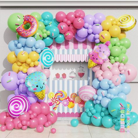 PRICES MAY VARY. 【Candy Ice cream Theme Pastel Balloon Arch Kit】We used balloons of various colors and sizes, including blue, green, pink, hot pink,purple, and yellow, plus donut, lollipops foil balloon kits is the perfect addition to any candy land party, ice cream birthday party, or pastel rainbow party decorations. 【Reliable Consistent Color Balloons】Real photography by using Color Correction Card，Providing True Color of every single balloons,what you have to do is trust your color inspiratio Candy Themed Birthday Party Ideas Diy, Candy Birthday Party Decorations, Two Sweet Party 2nd Birthday, Sprinkle Birthday Party, Pastel Balloon Arch, Candy Land Party, Rainbow Birthday Party Decorations, Candy Land Birthday, Sprinkle Birthday