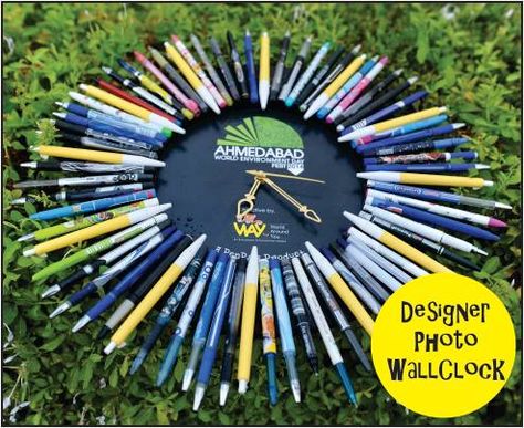 PHOTO WALL CLOCK:  You can grab these amazingly cool products made from waste pens by contributing to our crowdfunding campaign here. https://www.wishberry.in/campaign/the-yellow-chair/ #Recycle Recycled Pens, Photo Wall Clocks, Coconut Shell Crafts, Pen Craft, Yellow Chair, Pen Pals, Fancy Jewellery Designs, Crowdfunding Campaign, Best Out Of Waste