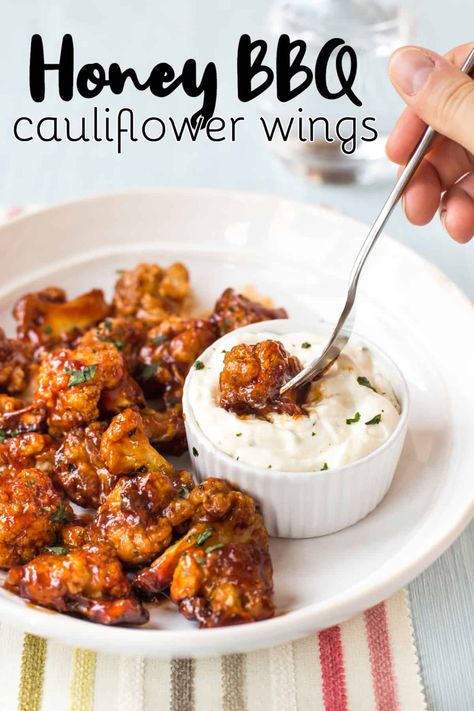 Barbecue Cauliflower, Honey Cauliflower, Bbq Cauliflower Wings, Bbq Cauliflower, Vegan Bbq Recipes, Honey Bbq Sauce, Cauliflower Wings, Vegetarian Side Dishes, Honey Bbq