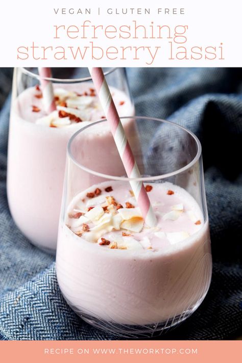 This Strawberry Lassi with Rose is a fruity and refreshing drink that is healthy to serve at the breakfast table or as an afternoon snack. Made with coconut yogurt to give it a creamy texture, this lassi recipe is vegan and easy to make. Recipe from www.theworktop.com. #lassi #strawberrylassi #vegan #rosewater #quickandhealthy #glutenfree Recipes With Rose Water, Rose Water Recipes, Rose Water Recipe Food, Dorm Foods, Rose Water Recipe, Ramadan Drinks, Strawberry Lassi, Lassi Recipes, Harry Potter Golden Snitch