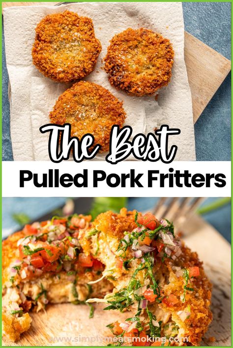 Don't let your leftover pulled pork go to waste! Make these pork patties using Panko Crumbs and a tangy BBQ sauce. These pulled pork fritters are perfect for any occasion, whether it's a tailgating recipe or just a quick snack. Save the recipe for later and enjoy these tasty pork cakes made from your pulled pork leftovers! Uses For Leftover Pulled Pork, Pulled Pork Breakfast Burrito, What To Do With Pork Roast, Pulled Pork Toppings, What To Make With Shredded Pork, Pork Fritters Recipes, Cooked Pulled Pork Recipes, What To Make With Leftover Pork Roast, Ways To Eat Pulled Pork