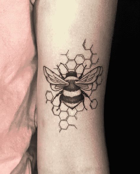 Bee Tattoo Design Ideas Images |  panda couple tattoo design Bumble Bee Honeycomb Tattoo, Bee Tattoo Back Of Arm, Bee With Honeycomb Tattoo, Bumble Bee Tattoo Design, Bee Knee Tattoo, Bee And Honeycomb Tattoo, Bailey Tattoo, Hexagon Tattoo, Honey Bee Tattoo