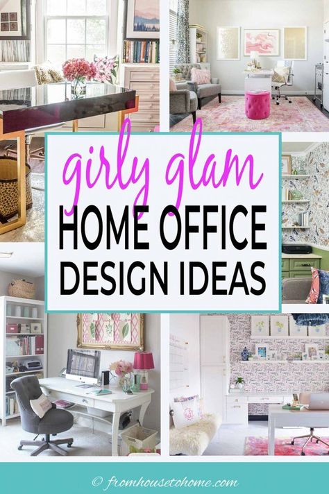 These girly glam home office ideas are gorgeous! With lots of pink, white and gold (plus a few other colors), there's some beautiful office decor ideas that will help you create a feminine and elegant home office #fromhousetohome #homedecor  #glamdecor #homeoffice #interiordecoratingideas Glam Home Office Ideas, Pink Home Office Ideas, Glam Office Ideas, Beautiful Office Decor, Girly Home Office, Glam Office Decor, Pink Home Office, Pink Desk Chair, Room Murals