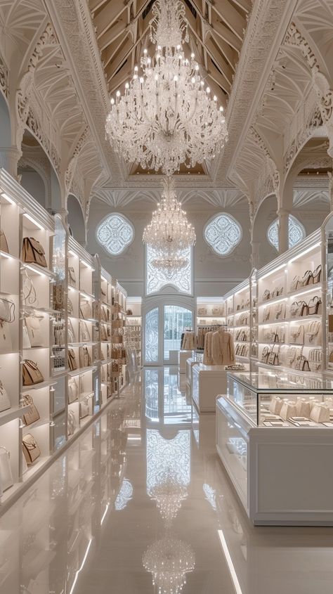 Elegant Boutique Interior: An exquisite and opulent #shopdisplay displaying designer handbags under a grand, ornate chandelier. #boutique #luxury #fashion #interior #elegance #designershowcase #aiphoto #stockcake ⬇️ Download and 📝 Prompt 👉 https://stockcake.com/i/elegant-boutique-interior_211439_38729 Classic Boutique Interior Design, Luxury Bridal Boutique Interior, Luxury Showroom, Interior Design Boutique, Luxury Store Interior, Ladies Boutique Interior Design, Retail Interior Design Boutique, New Classic Interior Design, Luxury Boutique Interior