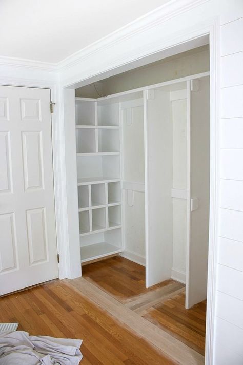 Closet makeover in progress (bifold doors are removed!) - love the cubbies on the end! #closet #makeover #organize #organizing #organization #drapes Modern Minimalist Cozy Bedroom, Armoire Built Into Wall, Side By Side Closet Remodel, How To Widen Closet Door Opening, Remove Closet Wall, Closet With Vaulted Ceiling, Closet Design Layout Small Sliding Doors, Small Closet Makeover On A Budget, Wide Closet Organization