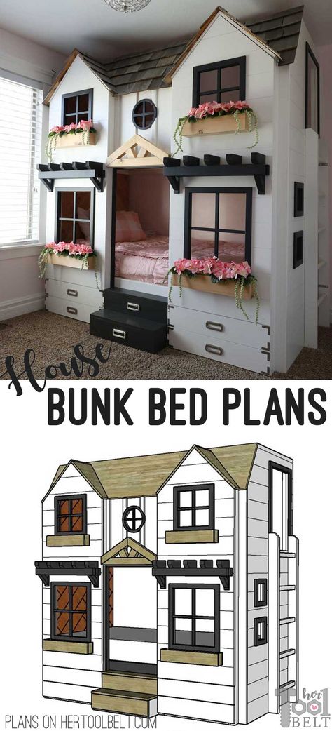 Build a super fun twin bunk bed that looks like a tiny house. Free plans on hertoolbelt.com Bunk Bed House Diy, House Bunk Beds For Kids, Bunk Beds House, Fun Bunk Bed Ideas, Playhouse Bunk Beds Diy, Bunk Bed Playhouse Diy, Bunk Bed House Ideas, Twin Girl Bedrooms Bunk Beds, House Bunk Bed Plans