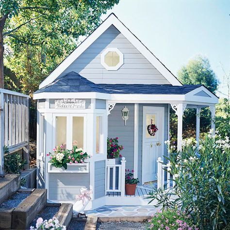 . Shed Playhouse, Garden Playhouse, Cute Cottages, Backyard Playhouse, Build A Playhouse, Little Cottages, Small Cottages, A Small House, Blue Cottage