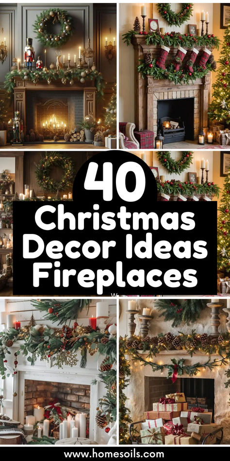 Elevate your holiday ambiance with 40 breathtaking Christmas fireplace décor ideas. Discover a range of styles, from classic elegance to modern charm, perfect for creating a warm and festive atmosphere. Transform your fireplace into the heart of your holiday celebrations with these inspiring designs. Christmas Decor With Fireplace, Sophisticated Christmas Decor Ideas, Mantle Decor Holiday, Christmas Fireplaces Decorated, Decorating Fireplace For Christmas Ideas, Fireplace Christmas Mantel Ideas, Mantel And Hearth Decorating Ideas, Fireplaces With Mirrors Above, Large Christmas Wreath Over Fireplace