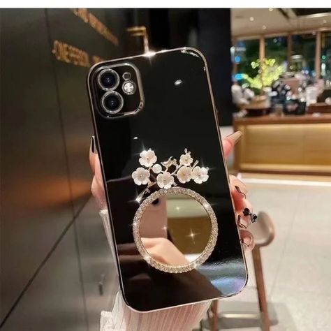 Women Girly Flower Diamond Glitter Bling makeup mirror for iPhone cases