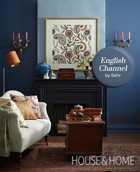 English Channel (PPU14-19) by Behr is a sophisticated blue with dusky plum undertones. | Photographer: Angus Fergusson | Designer: Morgan Michener and Kai Ethier Behr English Channel Paint, English Channel Behr Paint Color Schemes, English Channel Behr Paint, Behr Paint Color Schemes, Behr English Channel, Navy Blue Paint Colors, Burgundy Living Room, Romantic Living Room, Behr Paint Colors