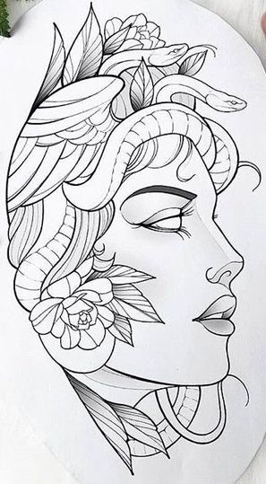 Neotrad Medusa Tattoo, Medusa Outline Drawing, Medusa Tattoo Stencil Outline, Half Medusa Tattoo, Medusa Drawing Tattoo, Neo Traditional Art Sketches, Neo Traditional Medusa, Medusa Tattoo Sketch, Medusa Tattoo Outline