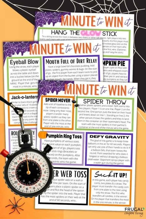 On your mark, get set, go! Grab your stop watches and race to complete these fun Halloween Minute to Win it Games for kids, youth and adults. Sixteen of the best Minute to Win it Halloween Party Games for Kids. Halloween games printable with supply list and instructions. These Halloween party ideas + Halloween games for youth, kids, adults and more will have everyone laughing and engaged. #FrugalCouponLiving Games For Halloween, Seasons Decorations, One Minute Games, Vampire Party, Fun Halloween Party Games, Fun Halloween Games, Halloween Class Party, Minute To Win, Minute To Win It Games