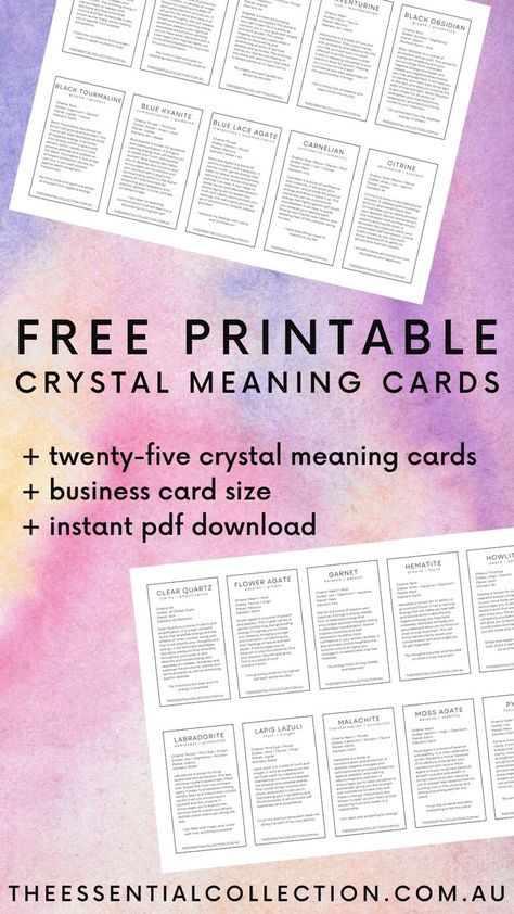 25 Crystal Meanings + Properties | Free Printable Cards | Printable Crystal Dictionary| Crystals for Beginners | The Essential Collection #freedigitaldownloads #crystalmeanings Crystal Healing Chart Cheat Sheets, Crystal Description Cards, Crystal For Learning, Free Crystal Printables, Gemstone Meanings Charts, Astrology Printables Free, Crystal Cards Printable, Free Printable Crystal Meaning Cards, Crystal Substitutions