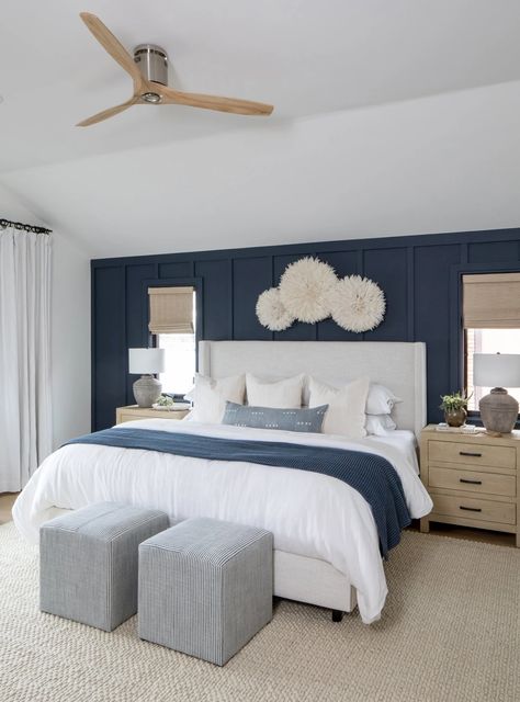 Portfolio (Title) One Navy Wall Bedroom, Navy Wall Behind Bed, Navy White And Wood Bedroom, Navy Blue Statement Wall Master Bedrooms, Master Bedrooms Decor Cozy Navy Blue, Bedding With Navy Walls, Dark Blue Accent Wall Master, Navy Blue Bedroom Board And Batten, Navy Bedframe Decor