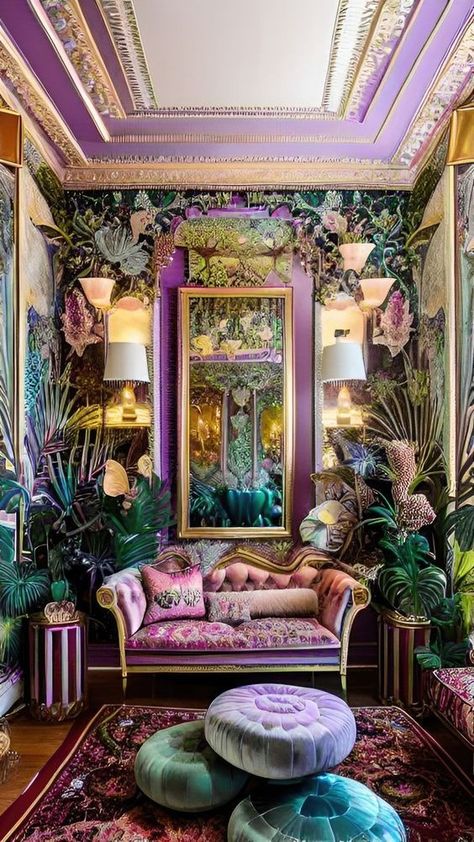 Vintage Maximalist Decor: How To Create A Unique And Vibrant Living Space Eclectic Decor With Plants, Maximalist French Decor, Glam Maximalist Decor, Art Deco Maximalist Decor Ideas, Maximalist Mansion, Maximalist Hallway, Jewel Living Room, Maxamilist House, Quirky Maximalist